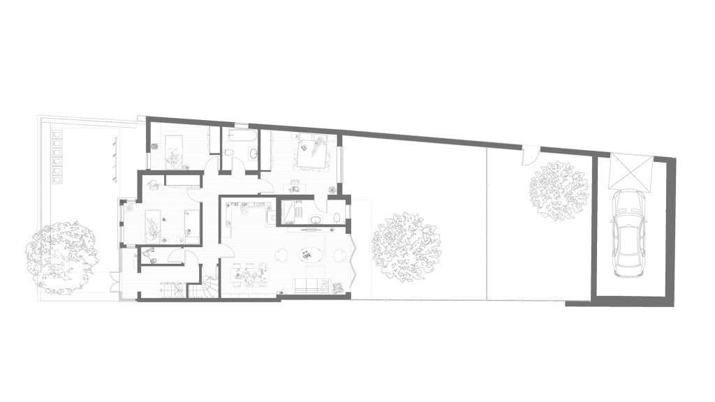 Proposed architectural design of an extension creating a spacious three bedroom, two bathroom flat with additional cycle and bin storage at the front as well as utilising a dead space at the end of the garden to be a parking space.