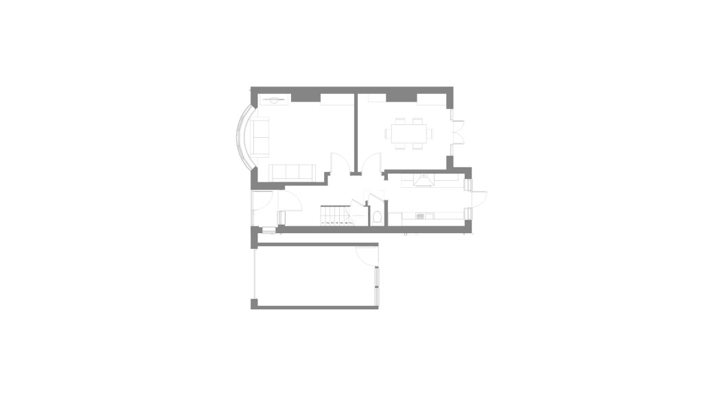 Existing ground floor plan of a 1930s house located in Ivor Grove, SE9, showing the current layout before conversion into a six-bedroom HMO. The layout includes a spacious living room, dining area, kitchen, and a garage. This blueprint provides a clear view of the original design, highlighting areas targeted for the planned extension and reconfiguration to maximise property value and create a high-quality, functional multi-let property ideal for young professionals.