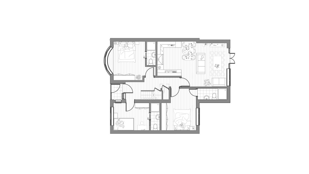 Proposed ground floor plan of a 1930s house located in Ivor Grove, SE9, showcasing the new layout designed for a six-bedroom HMO. The reimagined space includes strategically positioned bedrooms, each with en-suite facilities, alongside a spacious shared kitchen and living area. This blueprint demonstrates the transformation aimed at maximising rental income and providing high-quality, affordable accommodation for young professionals. The design adheres to HMO space and amenity standards, ensuring a functional and appealing multi-let property.