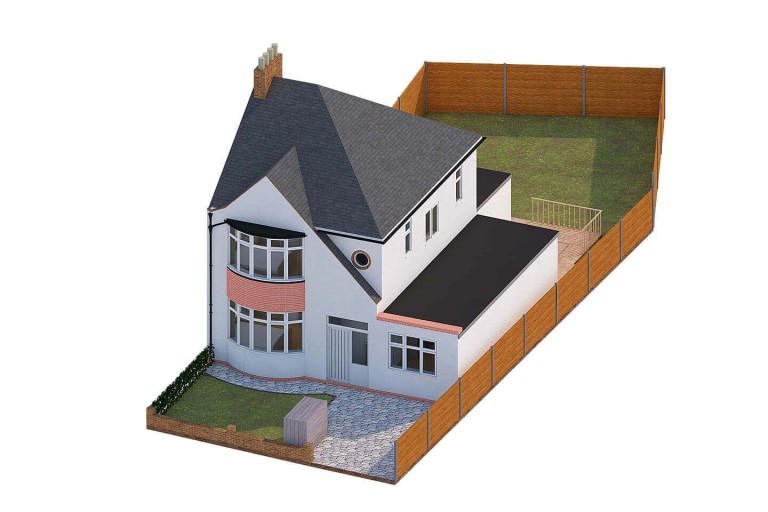 A digitally rendered aerial view of the proposed design for the 1930s house in Ivor Grove, SE9, after its planned transformation into a modern six-bedroom HMO (House in Multiple Occupation). This image illustrates the future state of the property, including the rear and side extensions designed by Urbanist Architecture. The project, which has received approval from Greenwich Council, aims to maximise the property's value and rental income by providing high-quality, affordable living spaces for young professionals.