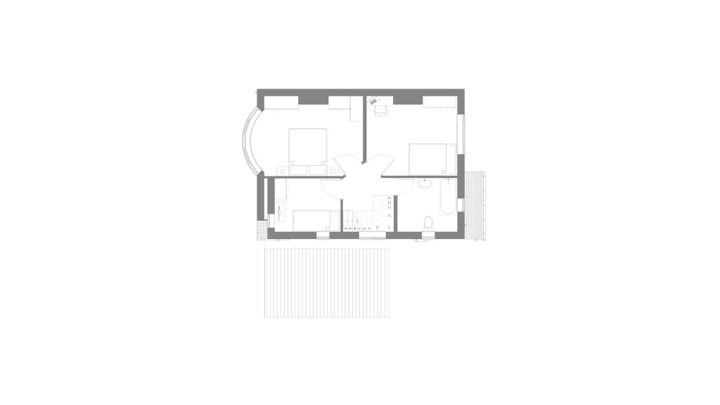 Existing first-floor plan of a 1930s house located in Ivor Grove, SE9, showcasing the current layout before conversion into a six-bedroom HMO. This floor plan includes the existing bedrooms and bathroom, highlighting the starting point for the property's transformation. The design aims to maximise the property's value and rental income by reconfiguring the space to meet HMO standards, ensuring each room is suitably spacious and functional for future tenants.