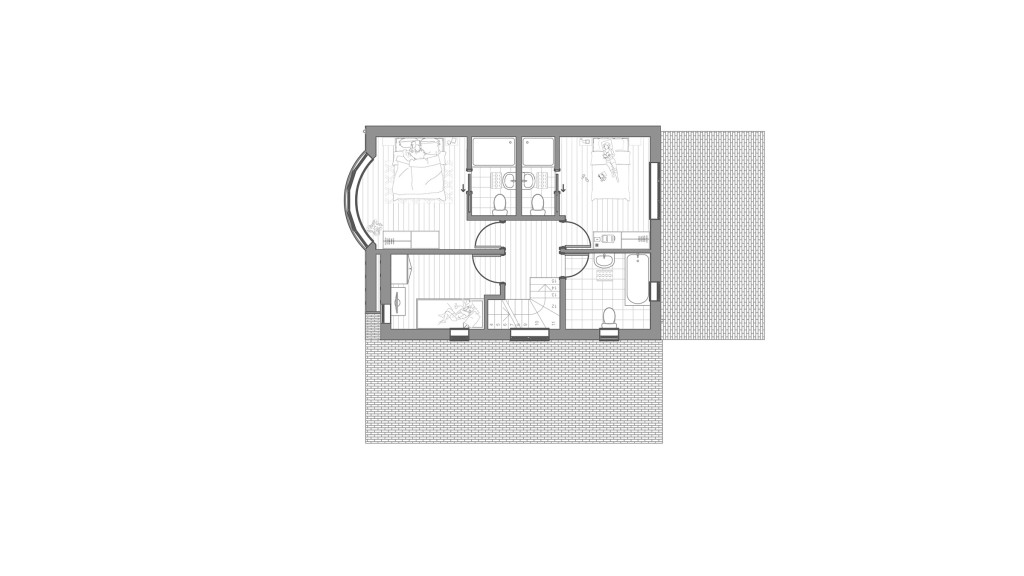 Proposed first-floor plan of a 1930s house located in Ivor Grove, SE9, showcasing the layout after conversion into a six-bedroom HMO. This new design includes spacious bedrooms with en-suite bathrooms, optimising the space for high-quality rental accommodation. The plan highlights strategic placement of doors, windows, and amenities, ensuring compliance with HMO standards and council requirements. The transformation aims to maximise property value and rental income, providing an attractive living environment for young professionals.