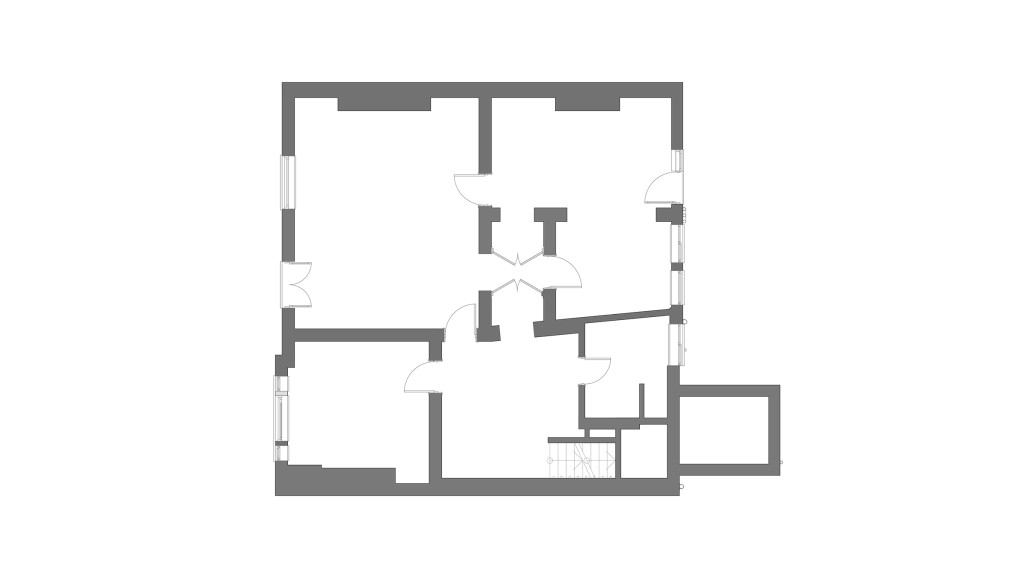 Existing basement floor plan of a listed building in Clapham Common SW4, currently operating as a House in Multiple Occupation (HMO). The blueprint illustrates the initial layout prior to conversion into luxury serviced apartments. Key features include multiple rooms arranged around a central corridor, showcasing the original structural design intended for shared living spaces. This floor plan is essential for understanding the spatial organisation and planning requirements needed for the transformation into high-end serviced accommodations, ensuring each unit has its own bathroom and private amenities to cater to professionals seeking cost-effective, yet comfortable, weekday housing solutions.