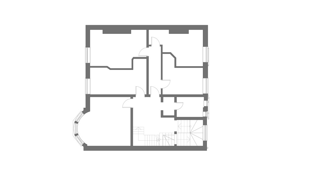 Existing first floor plan of a listed building in Clapham Common SW4, currently configured as a house in multiple occupation (HMO). This detailed architectural floor plan showcases the original layout, which features several communal rooms and shared facilities typical of an HMO. The plan highlights the division of space, including multiple bedrooms and common areas, designed for shared living arrangements. This floor plan serves as a baseline for understanding the transformation to luxury serviced apartments, emphasising the potential for reconfiguration to meet modern standards of comfort and privacy, especially in a high-demand area like Clapham Common.