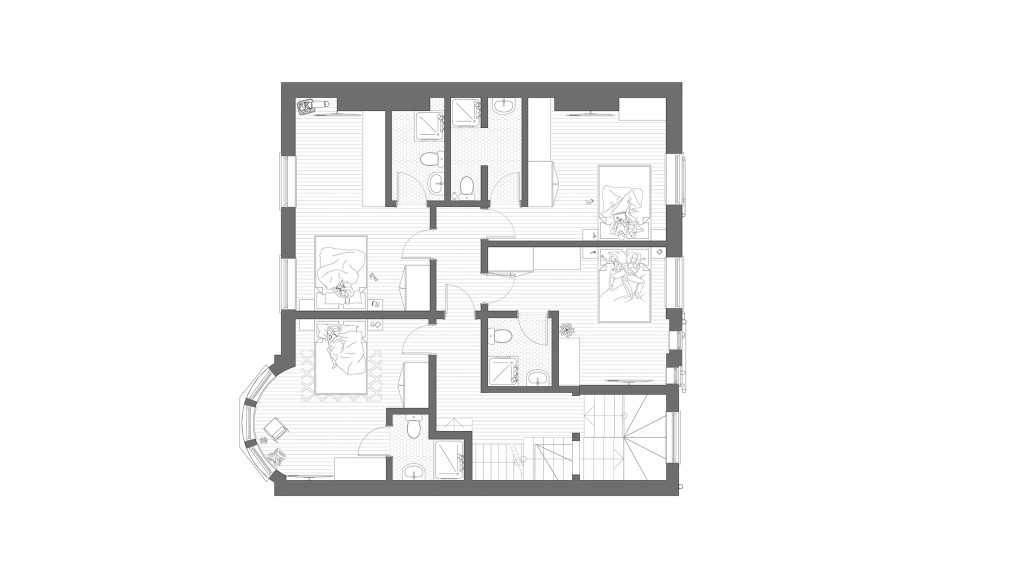 Proposed first floor plan for luxury serviced apartments in a listed building located in Clapham Common SW4. This detailed architectural floor plan illustrates the transformation from a traditional HMO to high-end serviced apartments. The new layout includes multiple spacious bedrooms, each with a private ensuite bathroom, designed to enhance privacy and comfort. The plan also features additional amenities and living spaces tailored to professionals seeking a premium living experience in the heart of Clapham. This redesign prioritises modern luxury, convenience, and an elevated standard of living, aligning with the building's prestigious status and the demands of the upscale market.