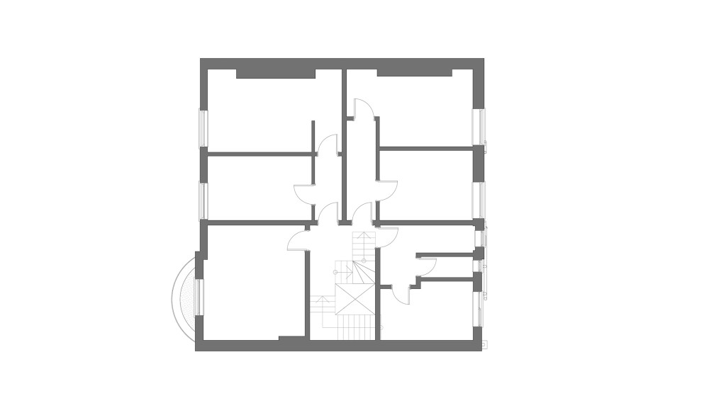 Existing second floor plan for a listed building in Clapham Common SW4. This architectural drawing showcases the original layout of the second floor, highlighting the arrangement of multiple rooms and shared facilities typical of a house in multiple occupation (HMO). The plan includes a central hallway providing access to various rooms, intended for shared living spaces and communal areas. This existing layout is set to be reimagined into luxury serviced apartments, aligning with the high-end transformation project managed by Urbanist Architecture, enhancing privacy, comfort, and modern living standards while respecting the building's listed status and historical significance.