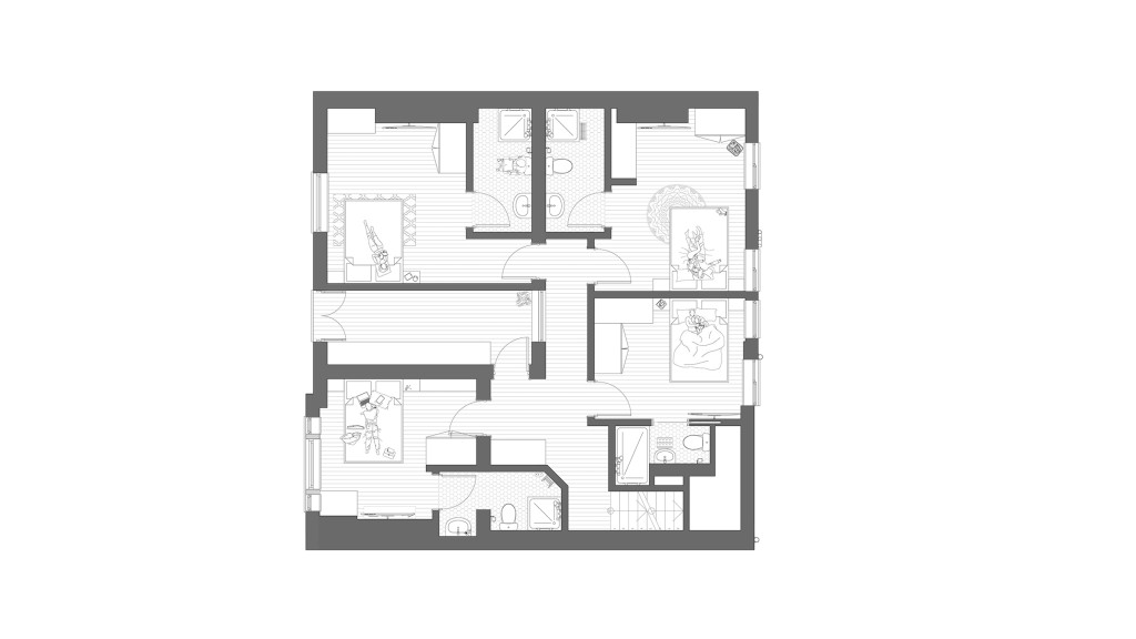 Proposed basement floor plan for a listed building conversion in Clapham Common SW4, designed by Urbanist Architecture. The layout showcases luxury serviced apartments with each unit featuring a private bathroom, enhancing comfort and privacy. Key areas include spacious bedrooms, en-suite bathrooms, and dedicated living spaces, optimising the use of space within the historic structure. This floor plan transformation aims to meet modern demands for high-end accommodations while preserving the architectural integrity of the listed building, appealing to professionals seeking convenient, cost-effective housing options in London.