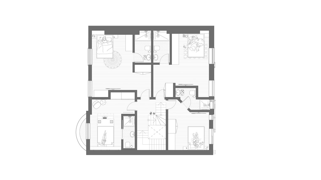 Proposed second floor plan for a listed building in Clapham Common SW4, designed by Urbanist Architecture. This detailed architectural drawing illustrates the transformation of the existing space into luxury serviced apartments. The new layout includes individual apartments with private bathrooms, spacious living areas, and modern amenities, providing high-end accommodations for guests. This conversion from a traditional HMO to high-end serviced apartments underlines the commitment to combining historical preservation with contemporary luxury. The design ensures comfort, privacy, and functionality, meeting the needs of discerning clients while adhering to Lambeth Council's planning regulations for listed buildings.