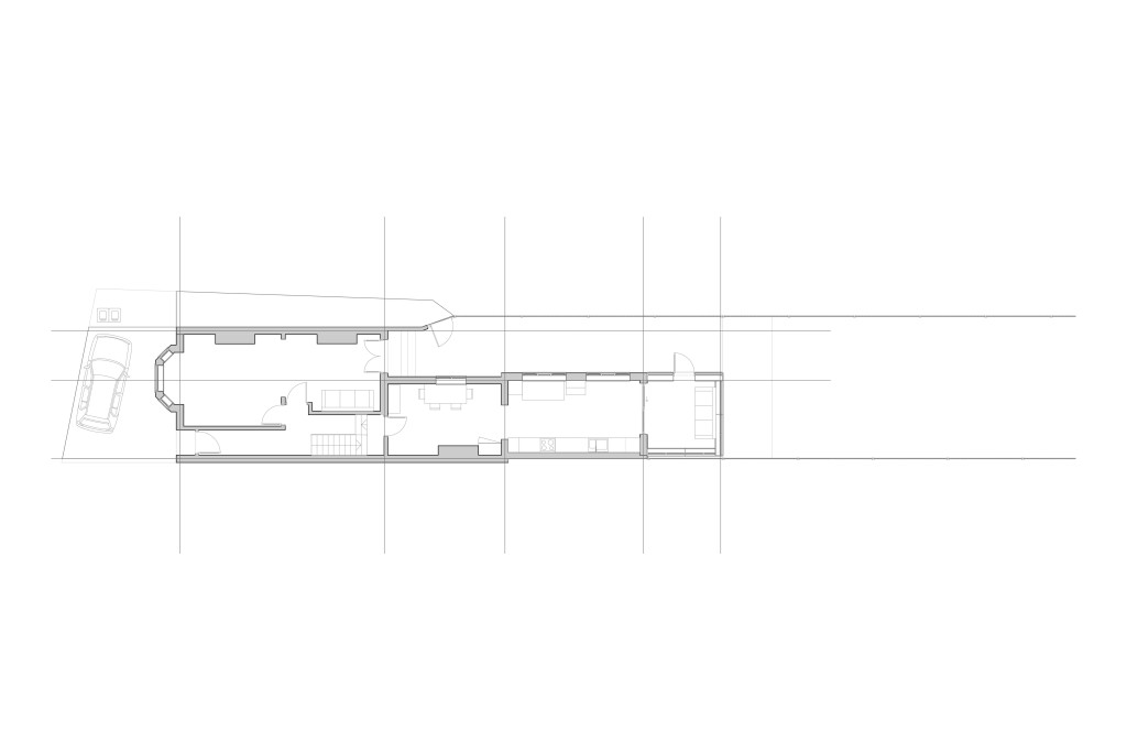 Architectural plans of the existing ground floor of a south-west London property including a parking space, a living room, formal dining room, large spacious kitchen and reading nook