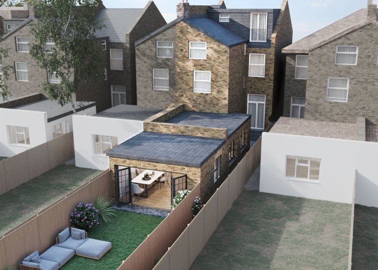Aerial render of the proposed rear and loft extensions using the same materials as the exisiting property for a natural finishing look