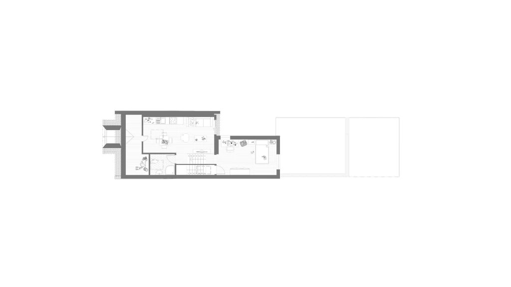 Architectural drawings of the second and top floor to now include a roof extension allowing for a previously small bedroom and bathroom to be transformed into a one bedroom apartment with a private access to a private garden at the rear of the property