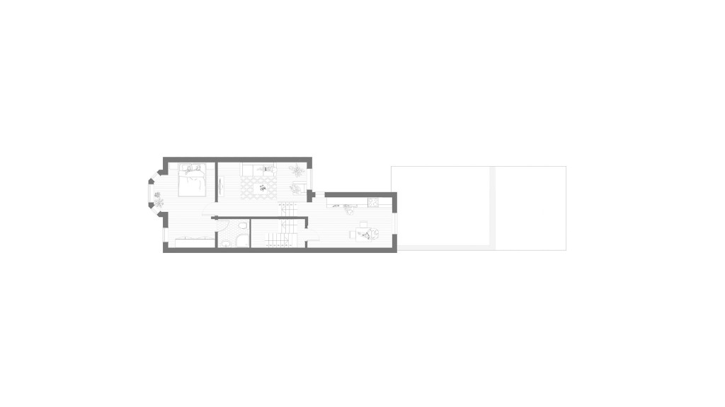 Architect's and planning consultant's floor plan proposal of maintaining the same floor space on the first floor however converting it into a large self-contained flat with a double bedroom and ensuite, large living room and open plan kitchen with a formal dining space overlooking the beautiful rear garden.