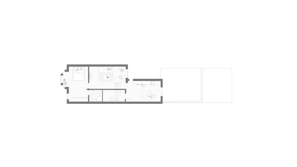 Architect's and planning consultant's floor plan proposal of maintaining the same floor space on the first floor however converting it into a large self-contained flat with a double bedroom and ensuite, large living room and open plan kitchen with a formal dining space overlooking the beautiful rear garden.