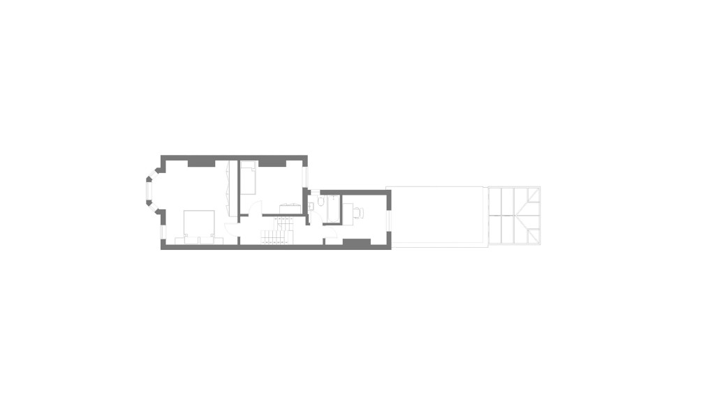 Grey first floor plans of the exisiting property consisting of a master bedroom with a large bay window, single bedroom, small bathroom and office/study room.