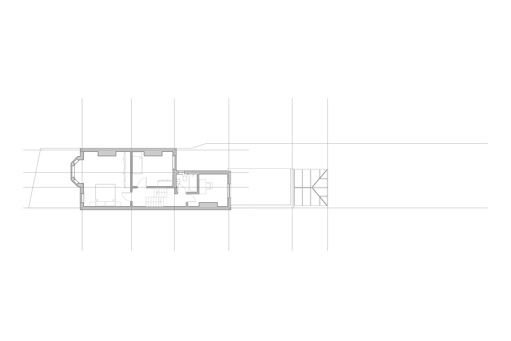 Grey first floor plans of the exisiting property consisting of a master bedroom with a large bay window, single bedroom, small bathroom and office/study room