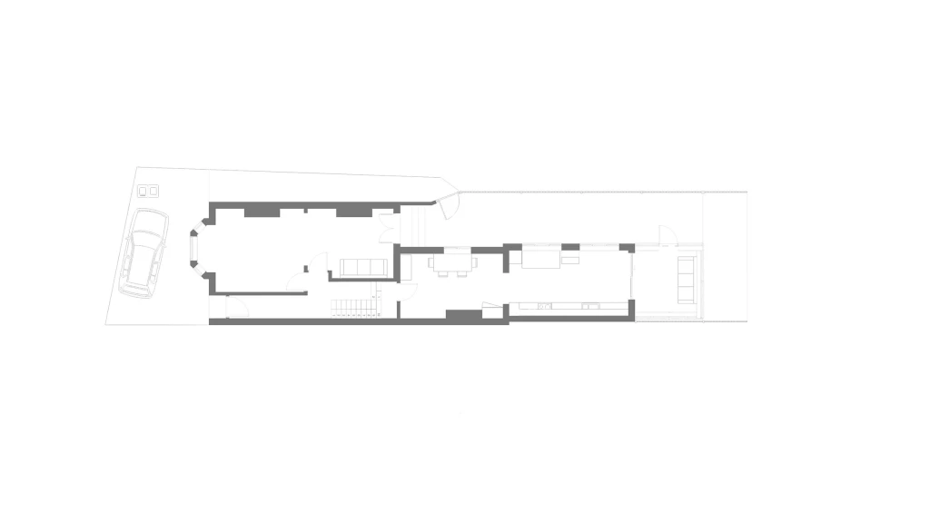 Architectural plans of the existing ground floor of a south-west London property including a parking space, a living room, formal dining room, large spacious kitchen and reading nook