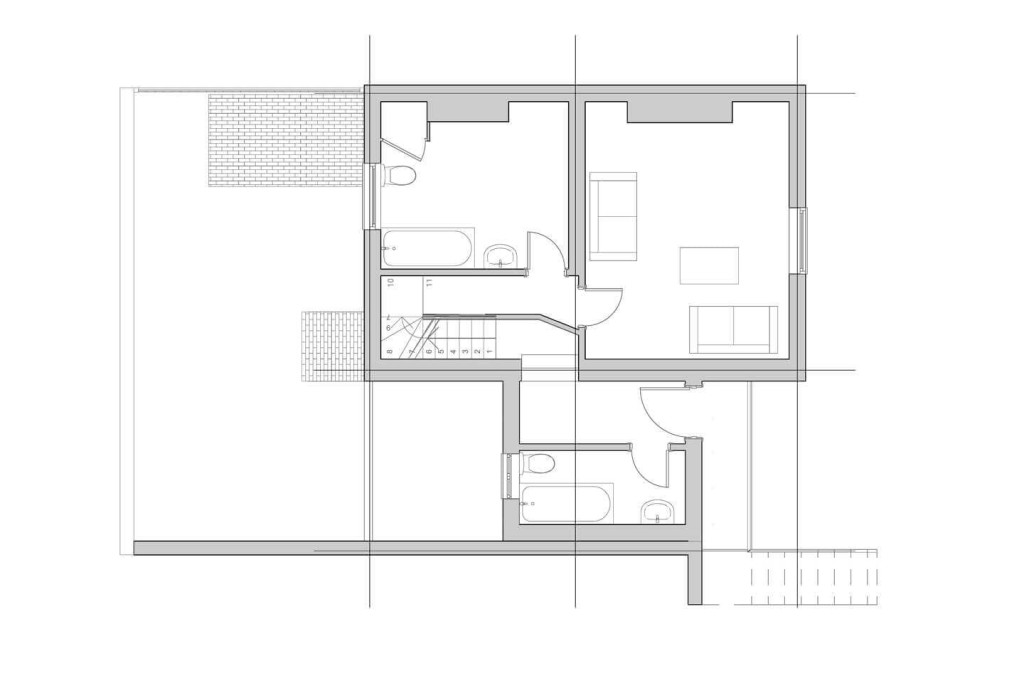 Architectural plan of the existing first floor for a flat conversion showing a detailed layout with labeled rooms and furnishings, designed by Urbanist Architecture.