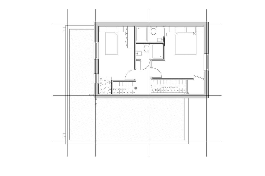 Architectural drawing of a proposed second floor for a three-flat division with detailed layout including bedrooms, kitchen, and living space, designed by Urbanist Architecture for efficient space management in property development.
