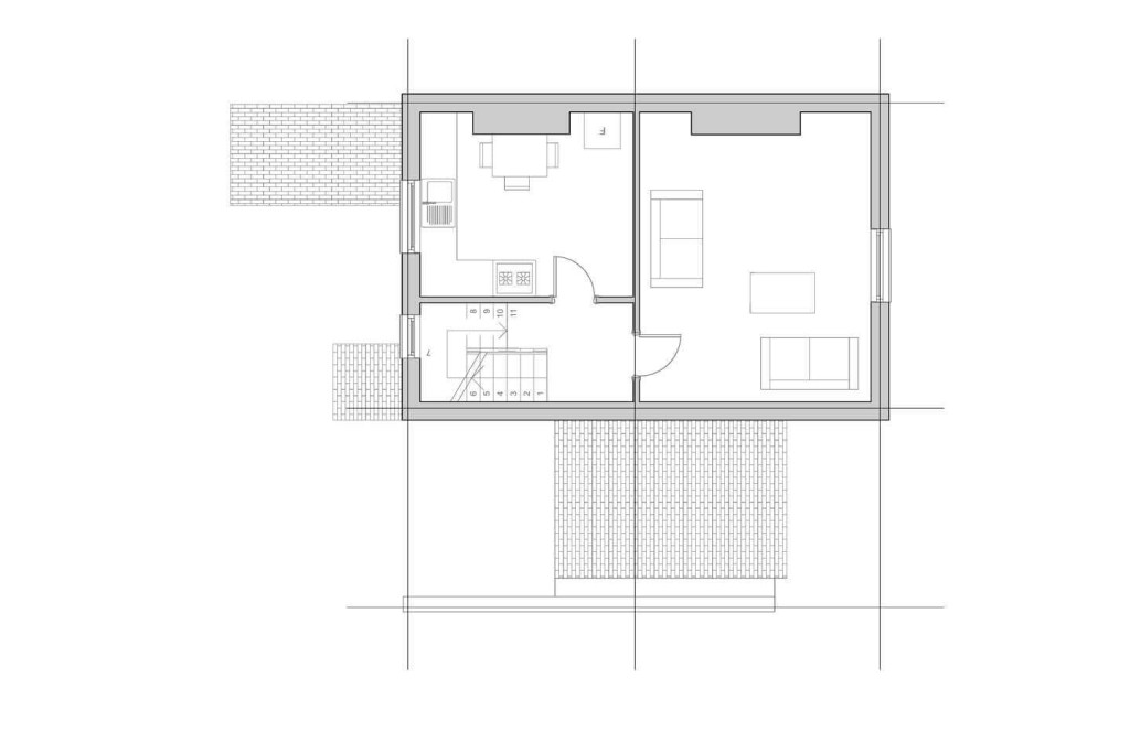 Architectural floor plan drawing by Urbanist Architecture of the existing second floor for a flat conversion, showcasing a well-organised layout with designated living areas and detailed dimensions.