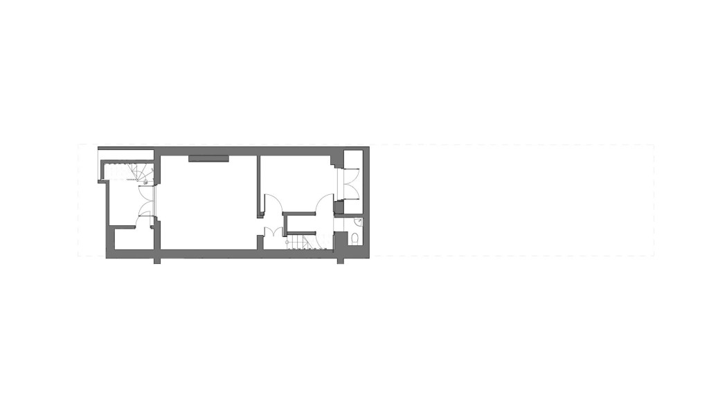 Floor plan of the existing lower ground floor of a Victorian house located on Queensbridge Road E8, designed by Urbanist Architecture. The layout includes several rooms, with clear divisions for living spaces and utilities, highlighting the need for more efficient use of space. This conservation area property is set for a rear and basement extension to improve light flow and functionality, making it fit for 21st-century living. The project aims to enhance both livability and sustainability, respecting the heritage of the conservation area while incorporating modern architectural solutions.