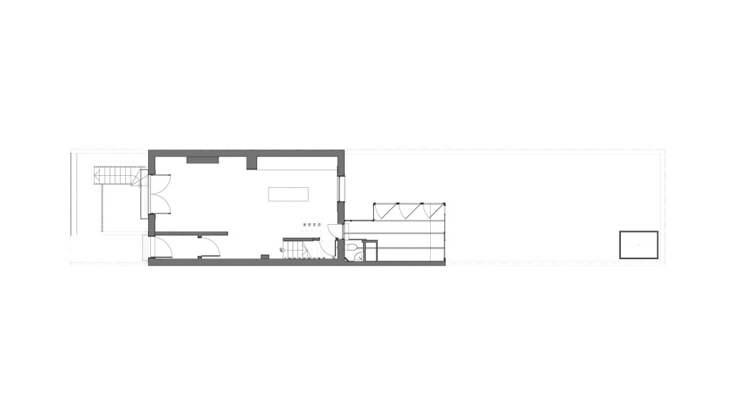 Existing floor plan of the ground floor for a Victorian house on Queensbridge Road E8, designed by Urbanist Architecture. This plan shows the original layout prior to the proposed extension and renovation. The existing structure includes a conservatory that limits light flow into the rest of the ground floor, contributing to a less functional and darker living space. This image serves as a baseline for comparing the improved design aimed at enhancing natural light and space utilisation, crucial for the house's transformation in a Hackney conservation area.