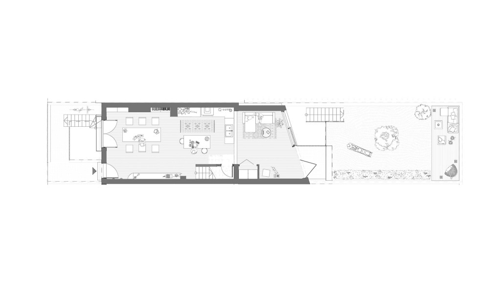 Proposed floor plan of the ground floor for a Victorian house on Queensbridge Road E8, designed by Urbanist Architecture. This plan showcases the innovative extension and renovation aimed at enhancing the living space in a Hackney conservation area. Key features include the removal of the old conservatory, replaced by a modern extension with glass walls and a roof that opens into the main living area, allowing natural light to flood the space. The layout includes an open-plan kitchen, dining, and living area, creating a seamless flow to the landscaped garden. This design emphasises sustainability and livability, incorporating eco-friendly elements to meet 21st-century living standards.