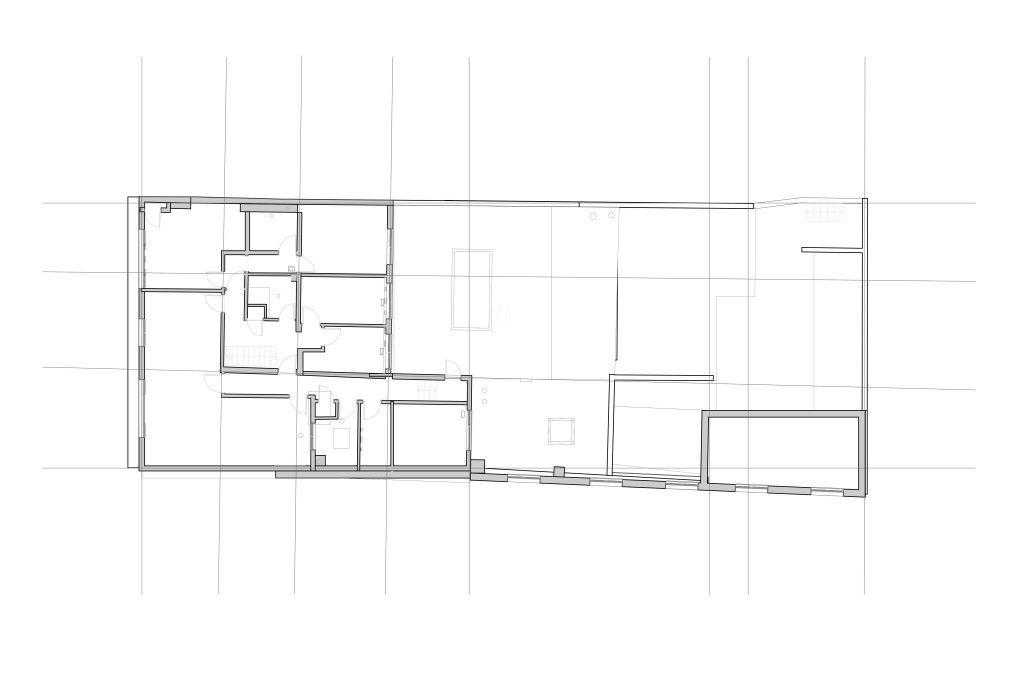 Architectural floor plan of the existing first floor in a Greenwich property, outlining the detailed interior structure with rooms, hallways, and furniture layout, designed for clarity and precision in architectural documentation.
