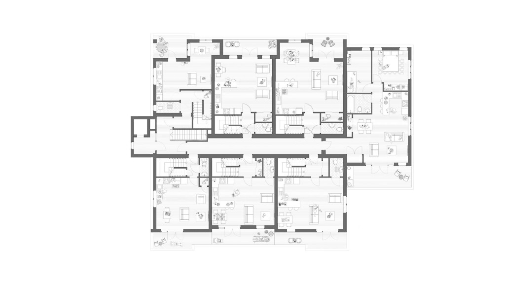 Floor plan of the new third floor, introduced through the upward extension to expand the block of flats with seven extra homes.