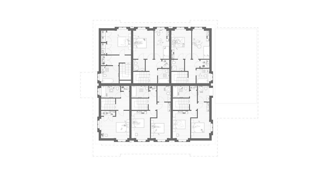 Final level of the upward extension, showing the proposed fourth floor, where the last of the seven new flats are situated.