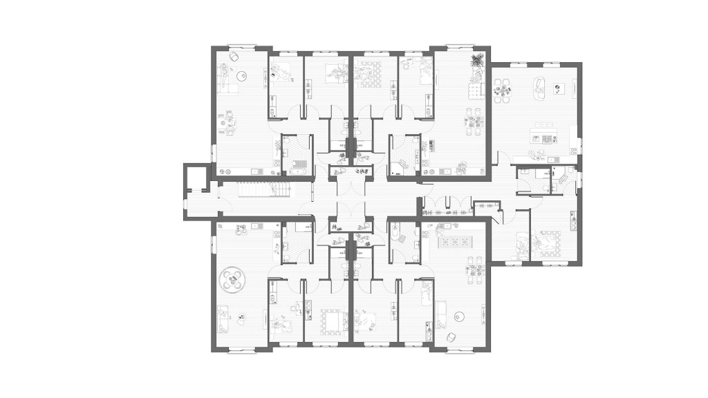 Floor plan of the proposed first floor, redesigned as part of the upward extension project that introduces seven new flats across two additional levels.