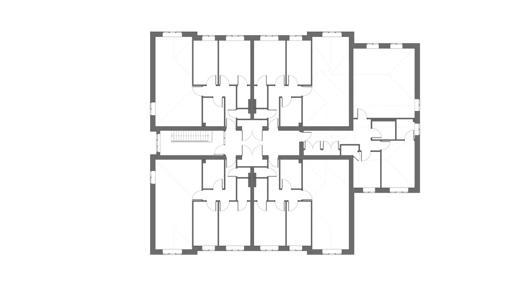 Layout of the existing second floor before the upward extension, showing the original top level prior to the addition of seven new flats.