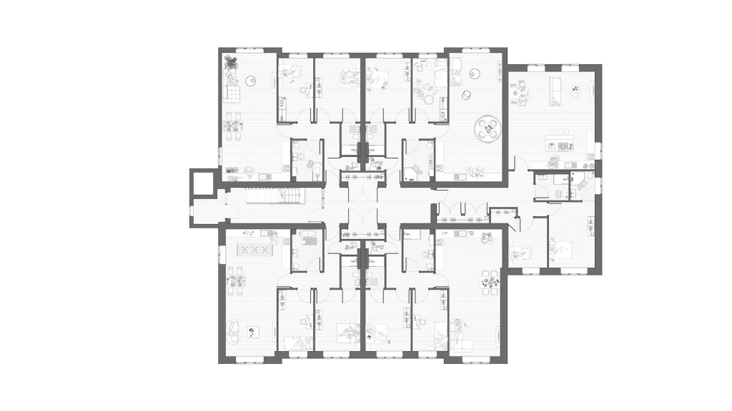 Updated second-floor plan, reflecting changes from the upward extension, which adds two new floors and accommodates seven additional flats.