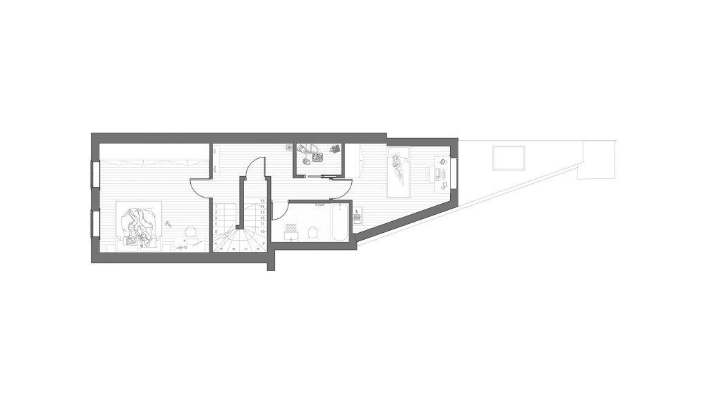 With the proposal of an extension architects were able to propose in their second floor plan a two bedroom and one bathroom duplex apartment with the upper floor housing the living room and kitchen space.