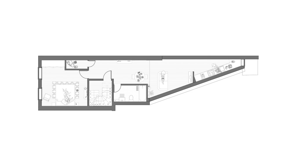 Extension proposal of the first floor with floor plans depicting the triangular extension at the back to convert this floor into a one bedroom, one bathroom residence with built in storage and creative use of the triangular space.