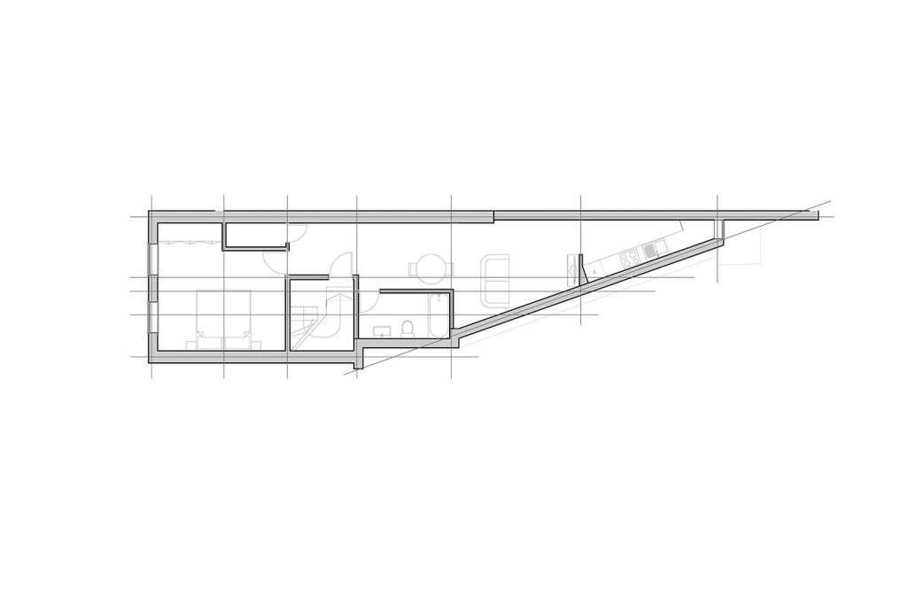 Extension proposal of the first floor with floor plans depicting the triangular extension at the back to convert this floor into a one bedroom, one bathroom residence with built in storage and creative use of the triangular space