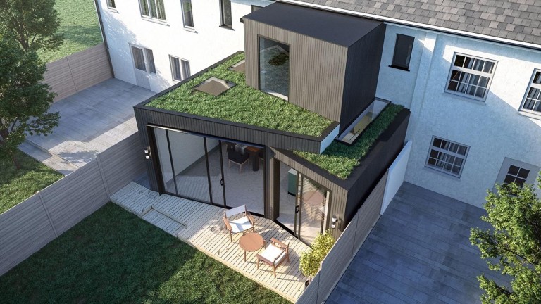 Creative architectural design for a modern double-storey extension with large sliding glass windows, long and narrow rectangular skylight and green roof