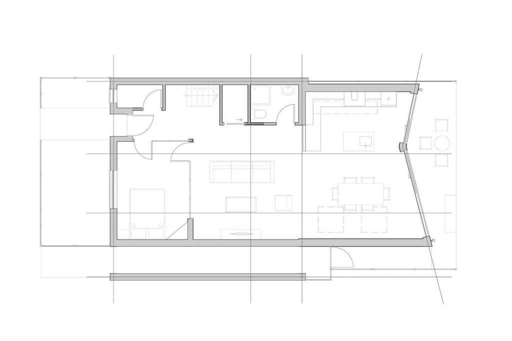 Architect's creative solutions in the proposal of a unique shaped extension to extend the kitchen, living room and add a bathroom
