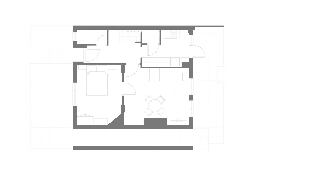 Existing ground floor plan of terrace house in London with small kitchen, living room and bedroom.