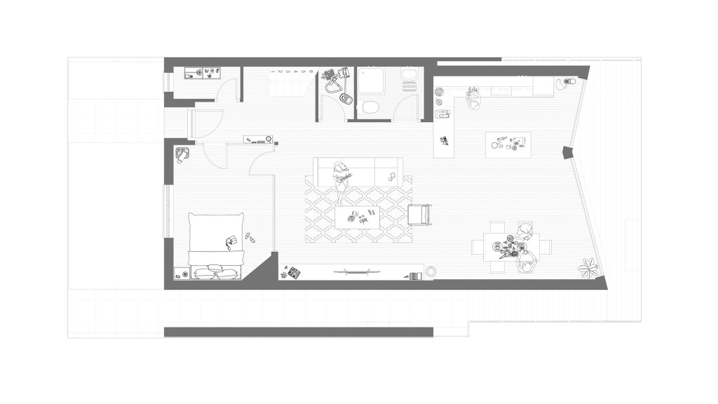 Architect's creative solutions in the proposal of a unique shaped extension to extend the kitchen, living room and add a bathroom.