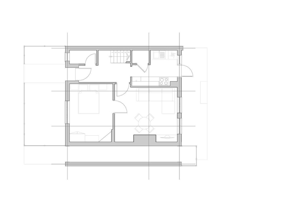 Existing ground floor plan of terrace house in London with small kitchen, living room and bedroomoject image