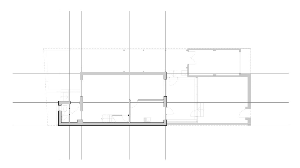 Technical architectural drawing of an existing ground floor plan, showcasing the detailed layout in a transparent overlay design.