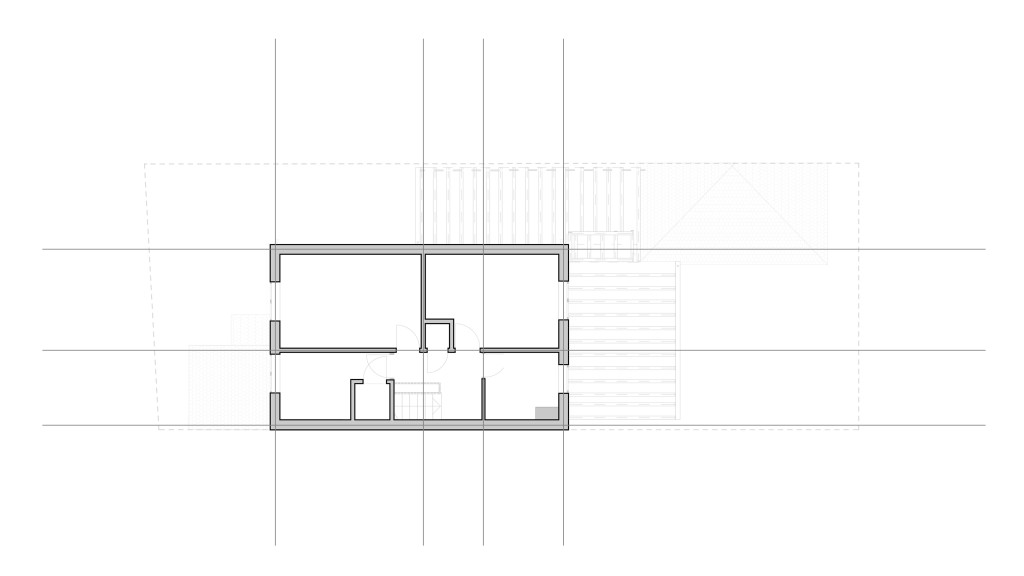 Architectural line drawing of an existing first-floor layout, presented in a monochrome schematic with clear delineation of walls and openings for design clarity.