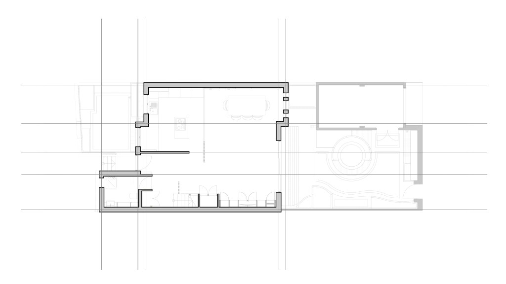 Architectural blueprint of a proposed ground floor plan with a detailed outline of rooms and furniture placement, exemplifying precise architectural planning.