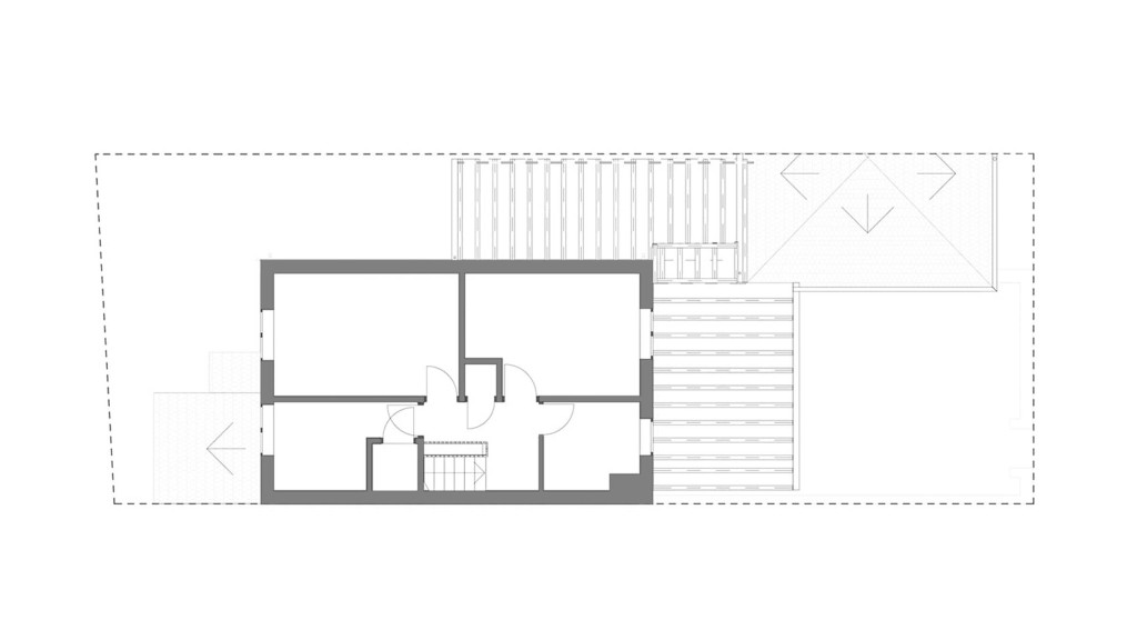 Architectural line drawing of an existing first-floor layout, presented in a monochrome schematic with clear delineation of walls and openings for design clarity.