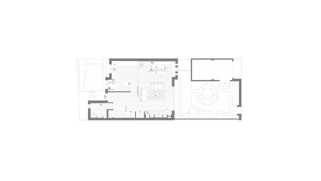 Architectural blueprint of a proposed ground floor plan with a detailed outline of rooms and furniture placement, exemplifying precise architectural planning.