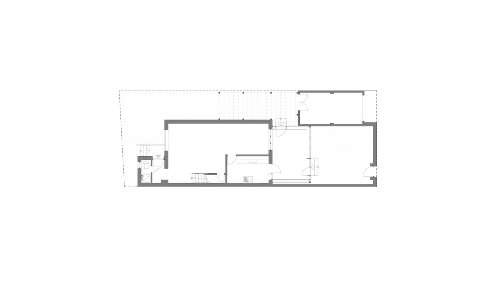 Technical architectural drawing of an existing ground floor plan, showcasing the detailed layout in a transparent overlay design.