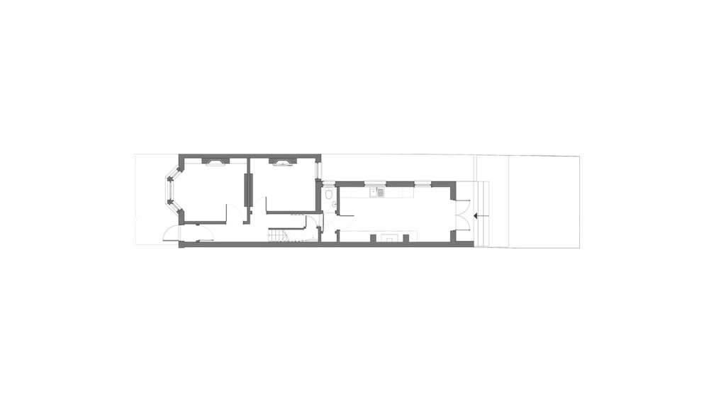 Floor plan of an existing ground floor layout in a wraparound extension project by Urbanist Architecture, London. This architectural blueprint showcases the original spatial configuration, featuring a series of interconnected rooms leading to a kitchen area at the rear, with access to the outdoor space. The plan highlights the structural elements and room divisions, providing a foundation for the planned extension and renovation that aims to create a more modern, spacious, and light-filled home while maintaining the character of the original structure.