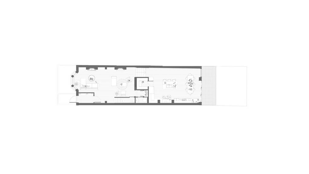 Floor plan of the proposed ground floor layout for a wraparound extension project by Urbanist Architecture, London. This architectural drawing showcases the redesigned spatial arrangement, featuring an open-plan living area, a modern kitchen, and dining space that seamlessly extends to the outdoor area. The plan highlights the improved flow and increased natural light, achieved through creative reworking of the existing space. Key elements include the integration of contemporary design with original features, enhancing both functionality and aesthetics while adhering to urban planning requirements.