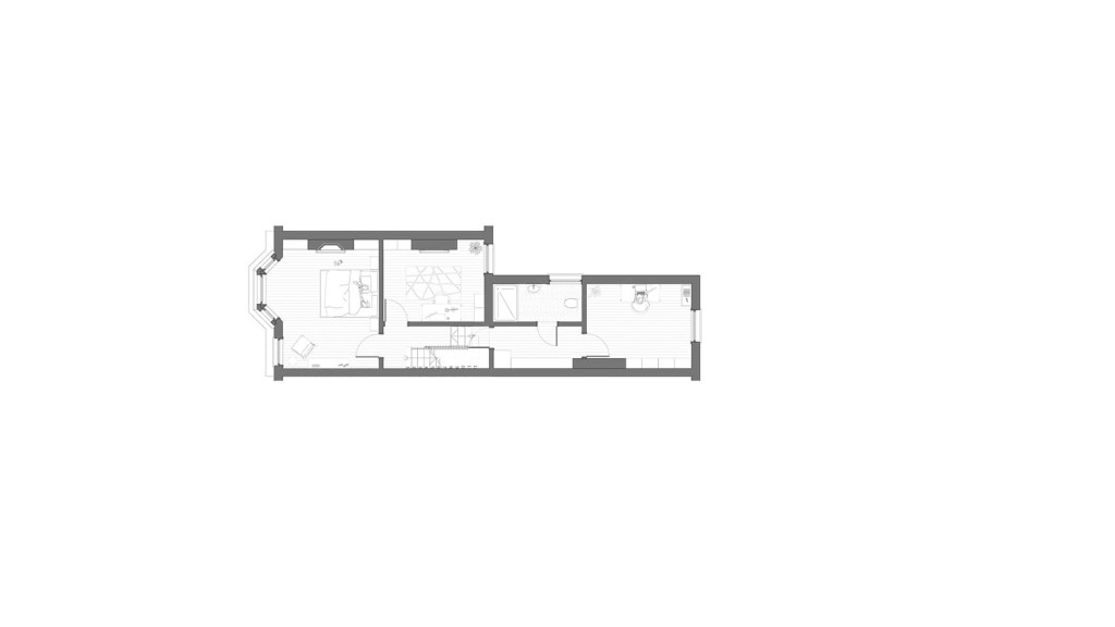 This architectural floor plan illustrates the proposed first floor layout for a home on Scawen Road SE8 5AG, part of an urban wraparound extension project managed by Urbanist Architecture. The updated design optimises space usage, featuring reconfigured room layouts including a master bedroom with bay windows, a spacious bathroom, and additional storage areas. This redesign aims to enhance the functionality and aesthetic appeal of the residence while maintaining harmony with the surrounding urban environment.