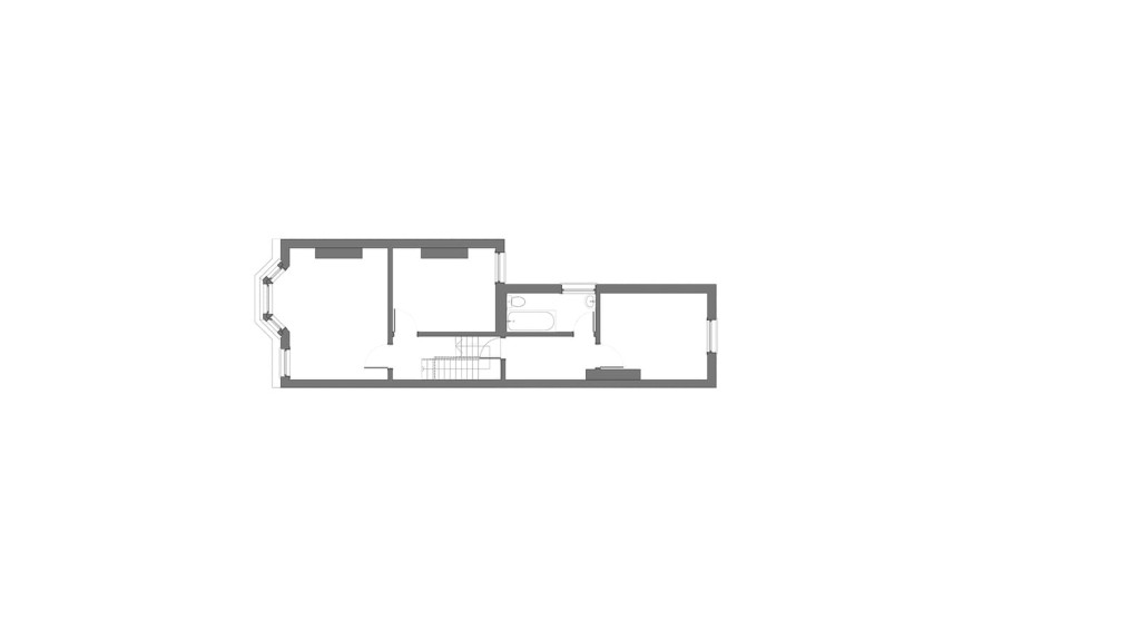 This architectural floor plan shows the existing first floor layout of a house in Scawen Road SE8 5AG, designed for an urban wraparound extension project by Urbanist Architecture. The plan details the room configurations, walls, and window placements, providing a clear view of the current structure before renovation. Key elements include the original bay window in the front room and the existing staircase location, highlighting the potential for modern redesign and space optimisation.